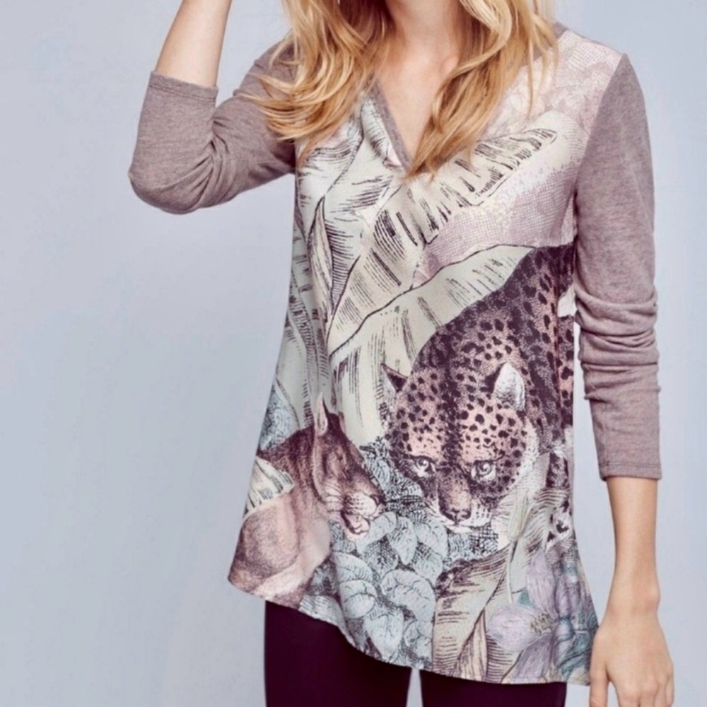 Akemi + Kin Anthropologie Leopard Jungle Print Henley Top